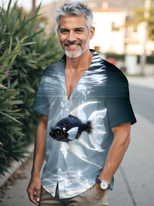Men's blue fish print short sleeve Hawaiian shirt front view for tropical beach vacation
