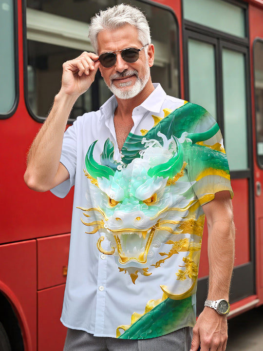 Men's Golden Dragon Print Pocket Short Sleeve Shirt Front View
