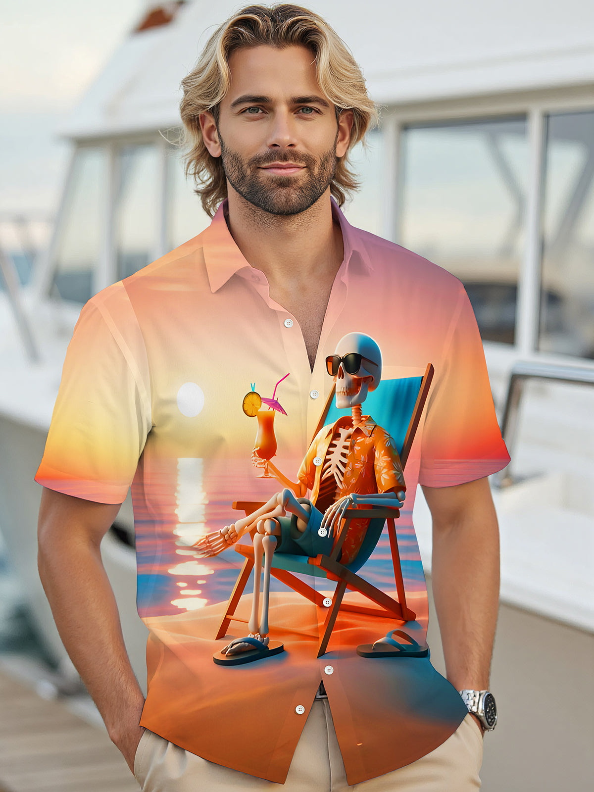 Hawaiian Funny Skull Beach Sunset Men's Pocket Short Sleeve Shirts