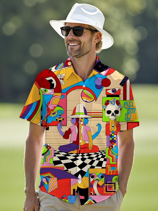 Art Abstract Colorful Geometric Blocks Men's Pocket Short Sleeve Shirts