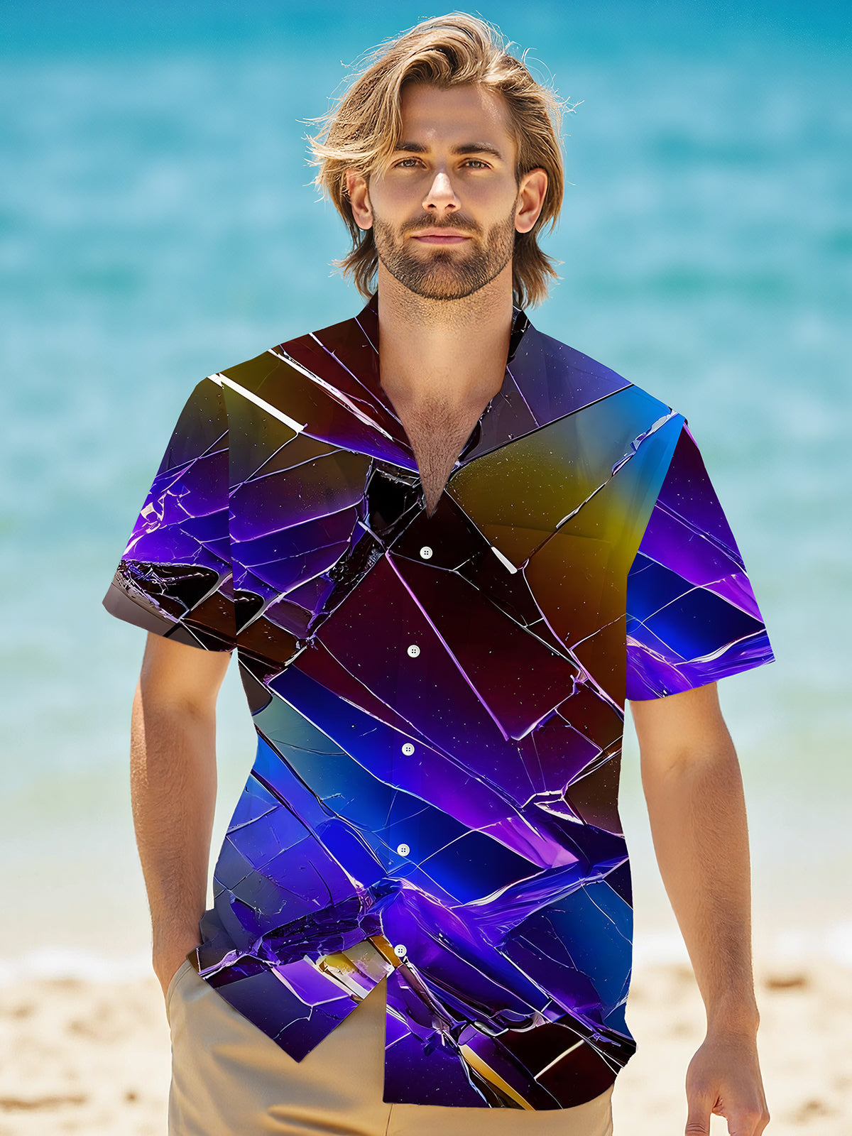 Gradient Broken Glass Print Men's Pocket Short Sleeve Shirts
