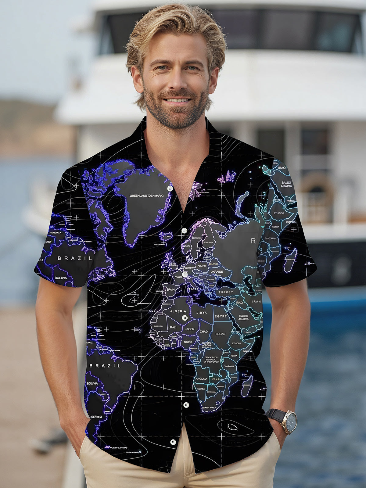 Map Print Men's Pocket Short Sleeve Shirts