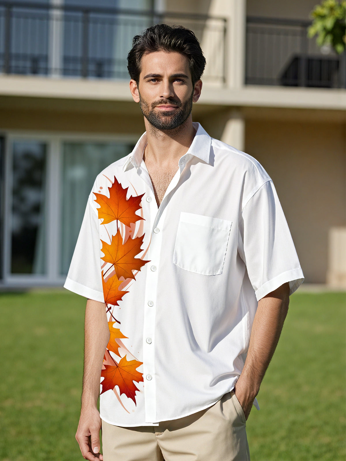 Maple Leaf Print Men's Pocket Short Sleeve Shirts