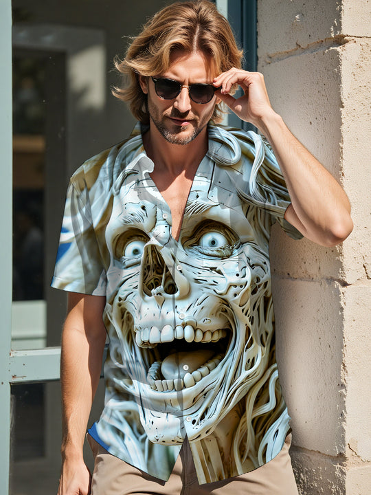 Men's gothic print short sleeve shirt side view with skeleton relief pocket design