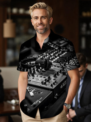 men's DJ mixer print pocket half sleeve shirt side view