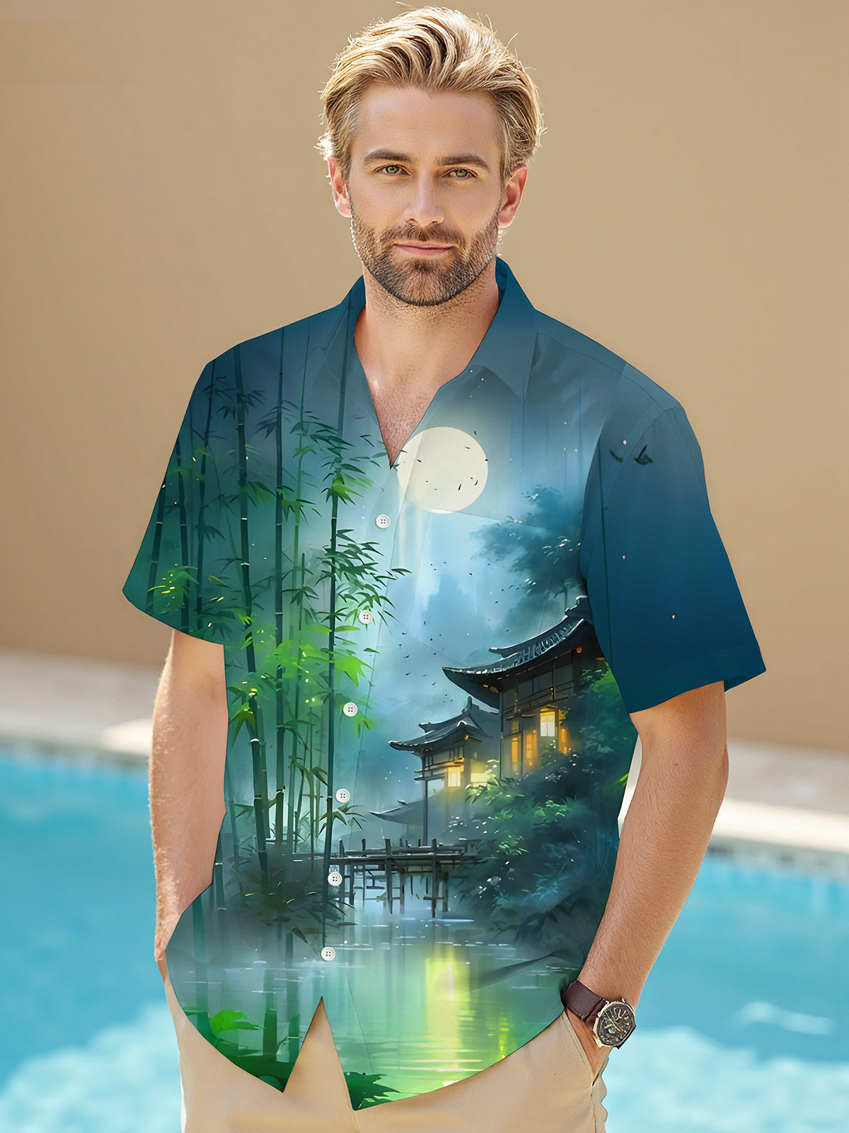 Bamboo Forest Courtyard Moon Men's Pocket Short Sleeve Shirts