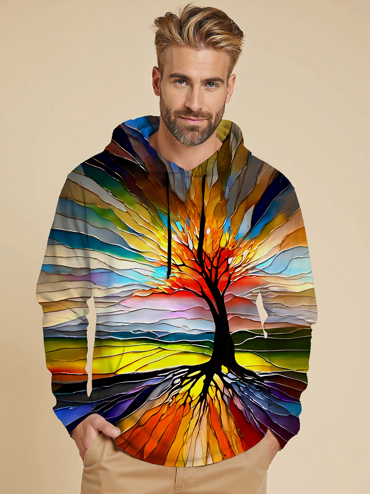 Tree Long Sleeve Hooded Pocket Men's Top