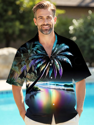 Men's Hawaiian coconut tree short sleeve front view shirt tropical beach vacation