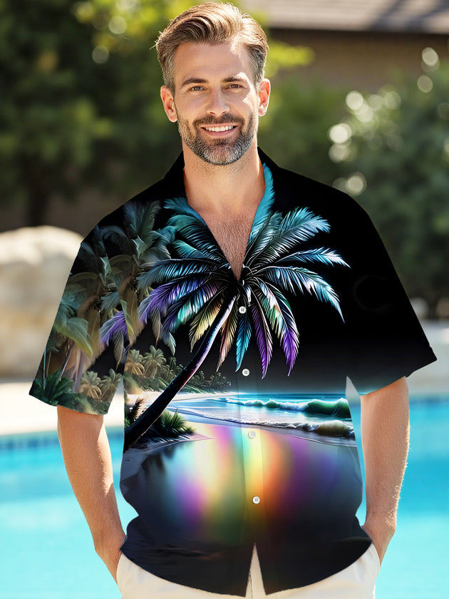Men's Hawaiian coconut tree short sleeve front view shirt tropical beach vacation