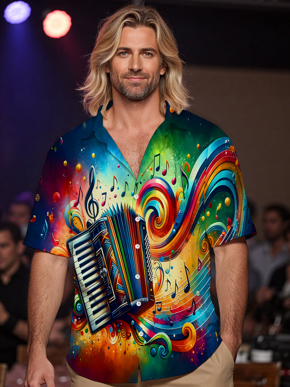 Accordion Tie Dye Music Notes Men's Pocket Short Sleeve Shirts