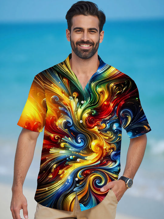 Men's tie dye abstract print pocket short sleeve shirt front view