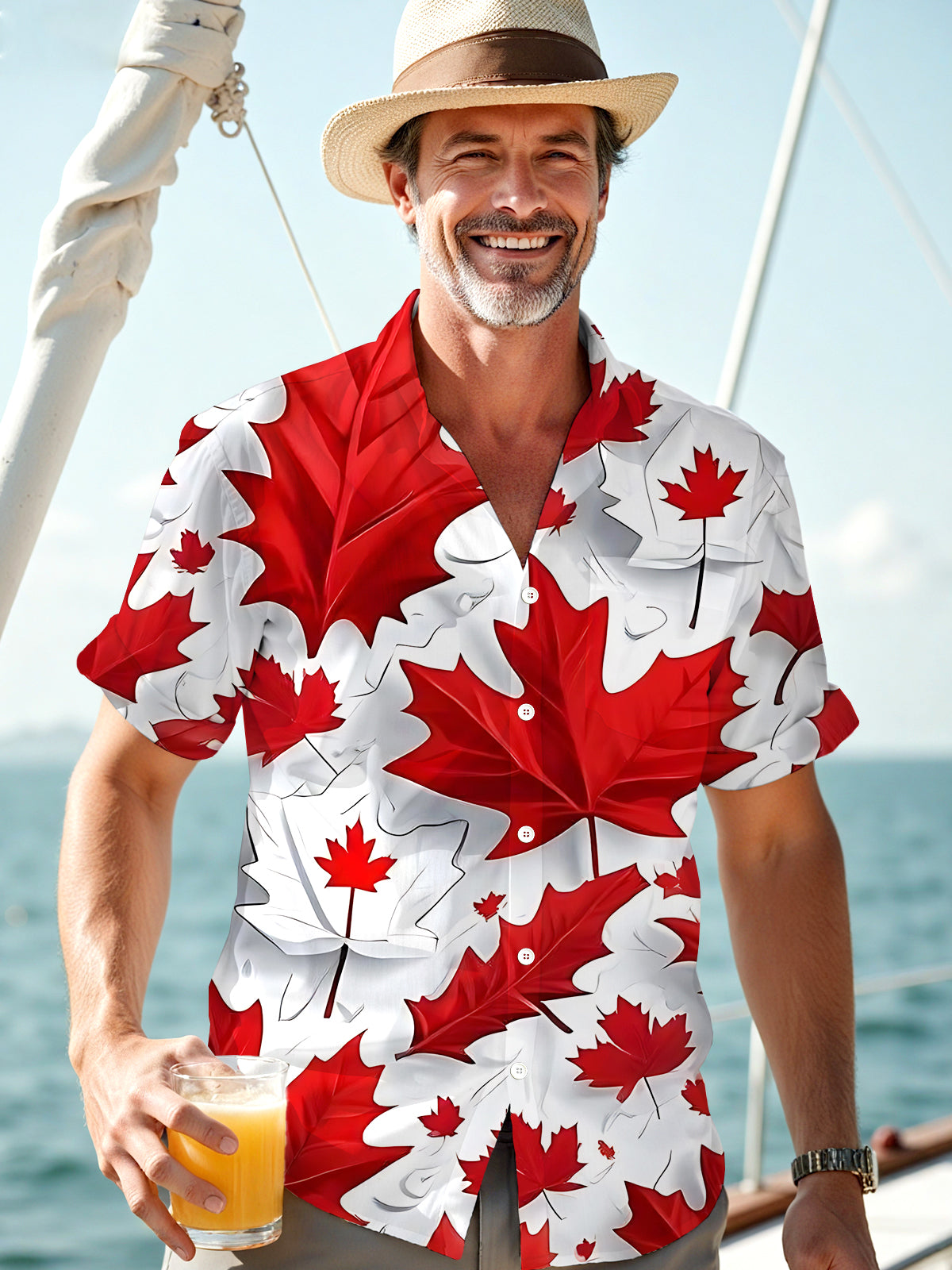 Maple Leaf Print Men's Pocket Short Sleeve Shirts