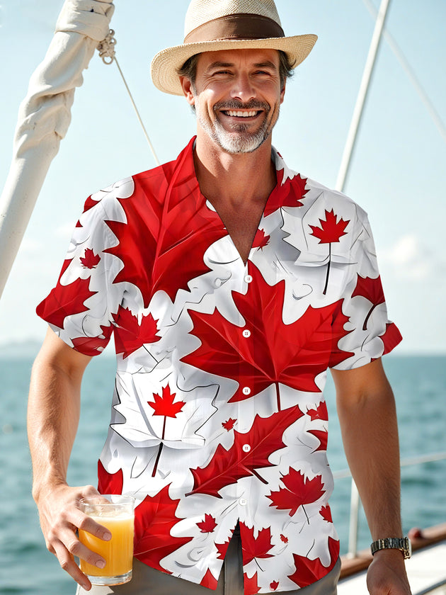 Maple Leaf Print Men's Pocket Short Sleeve Shirts