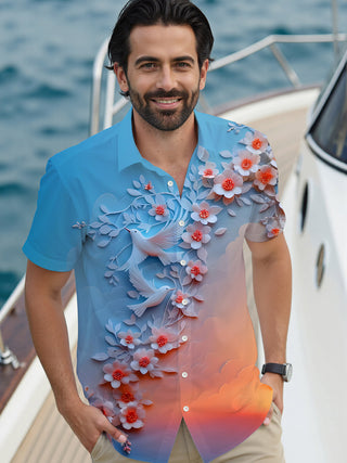 Men's floral gradient birds pocket short sleeve shirt front view