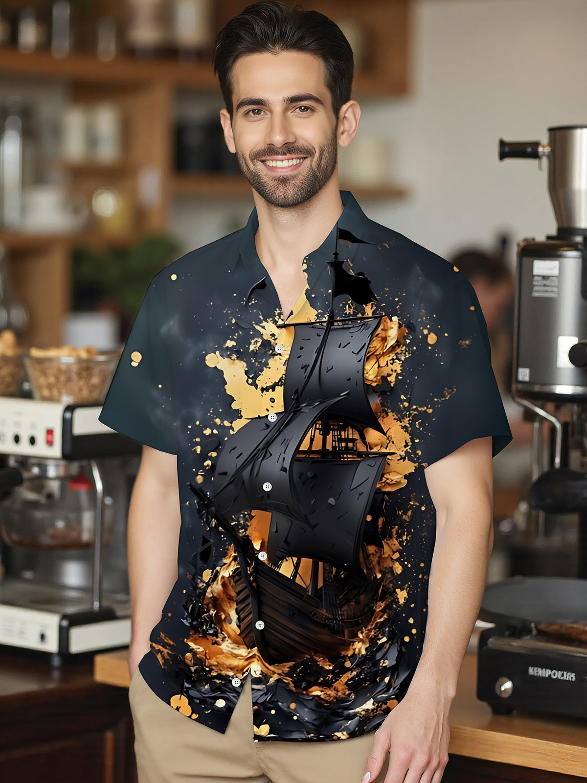 Boat Art Print Men's Pocket Short Sleeve Shirts