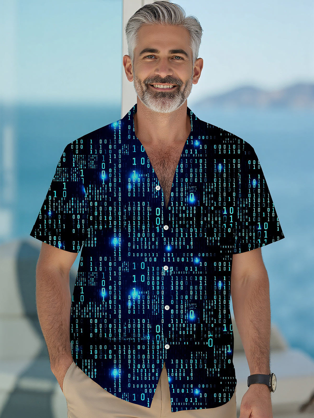 Digital Code Print Men's Pocket Short Sleeve Shirts