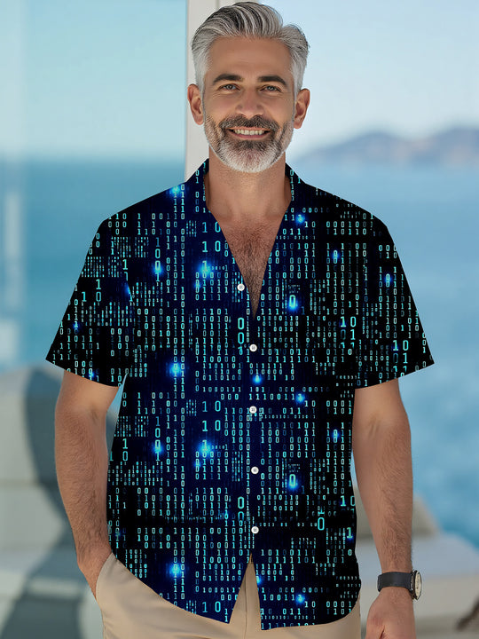 Men's digital code print pocket short sleeve shirt front view