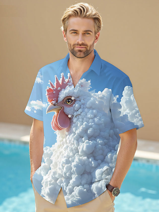 Men's abstract print short sleeve shirt side view with geometric rooster detail