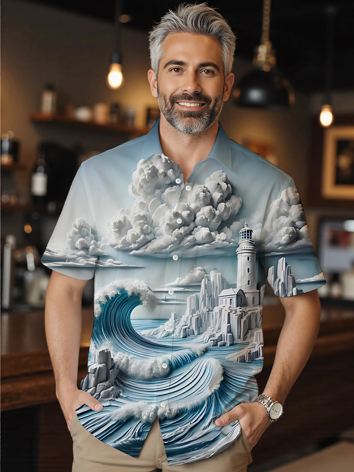 Lighthouse Clouds Waves Art Print Men's Pocket Short Sleeve Shirts