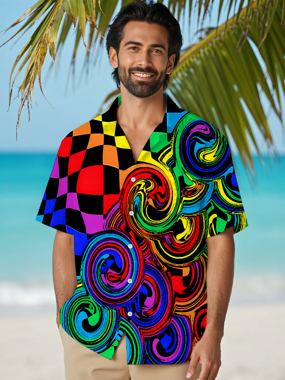 Hawaiian Rainbow Swirl Lattice Geometry Men's Pocket Short Sleeve Shirts