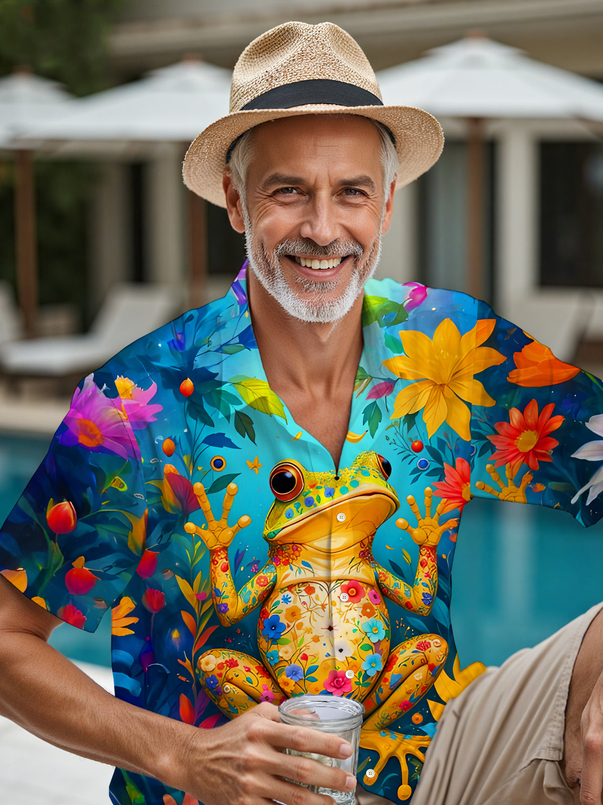 Funny Colorful Frog Floral Men's Pocket Short Sleeve Shirts