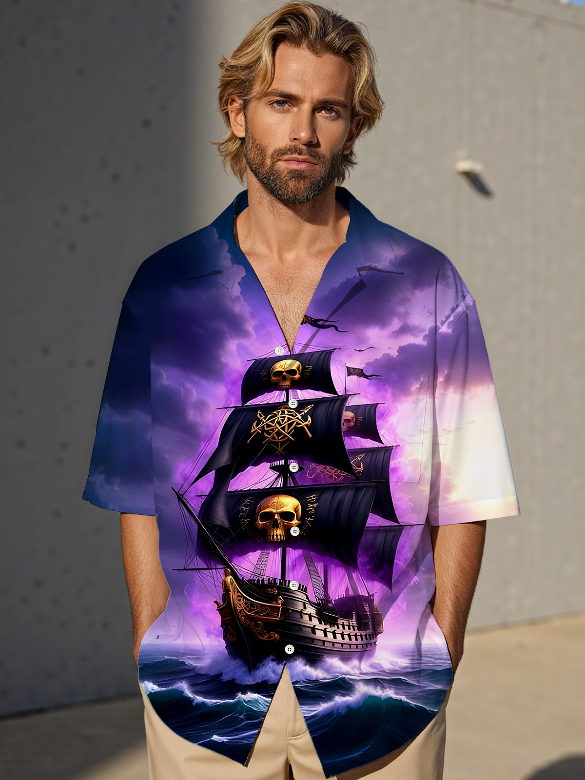 Hawaiian Skull Boat Men's Pocket Short Sleeve Shirts