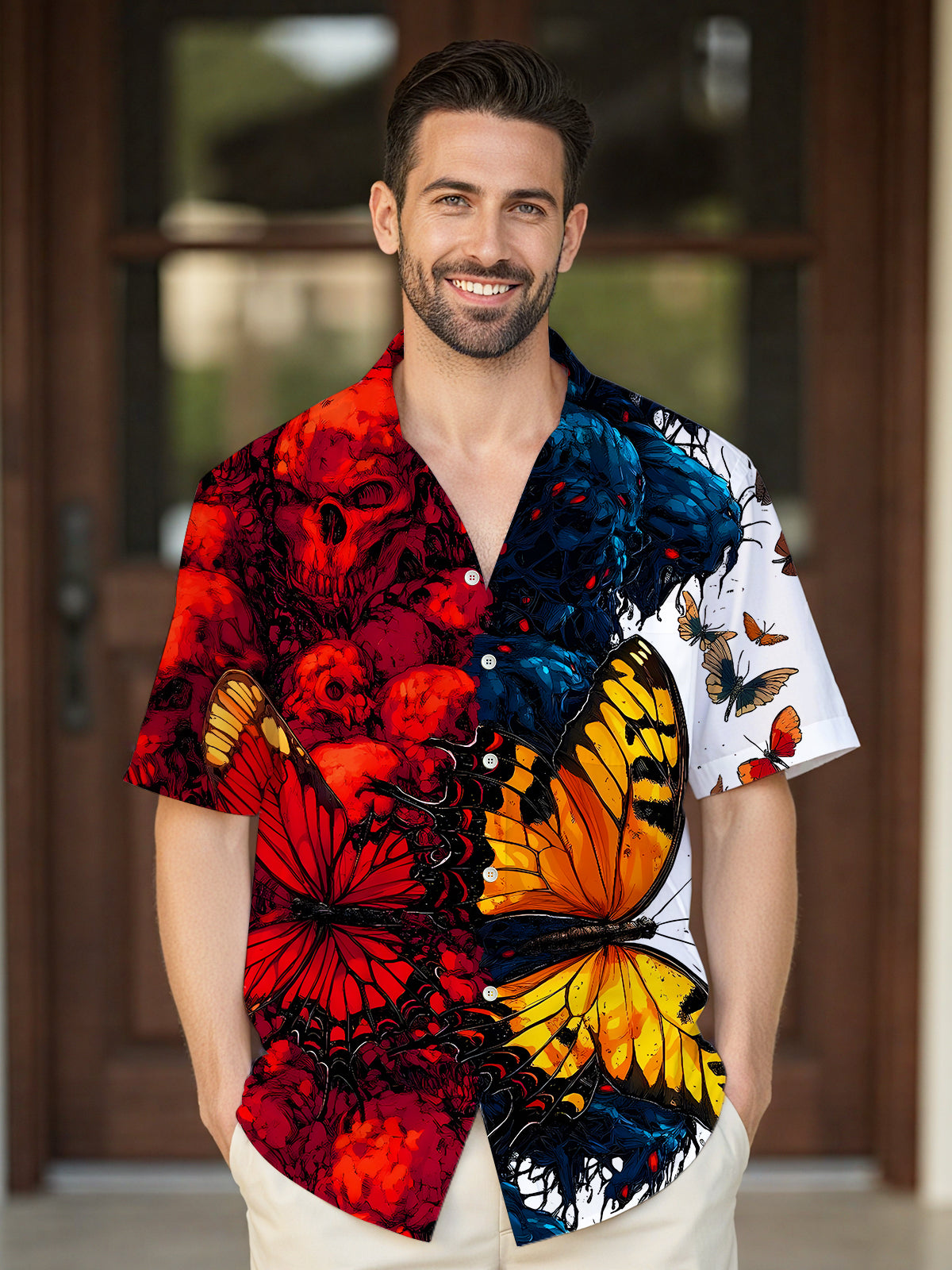 Butterfly Skull Men's Pocket Short Sleeve Shirts