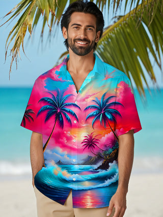 Men's palm tree print short sleeve shirt front view beach vacation