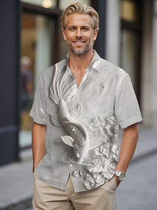 Men's fish flower art print short sleeve shirt front view