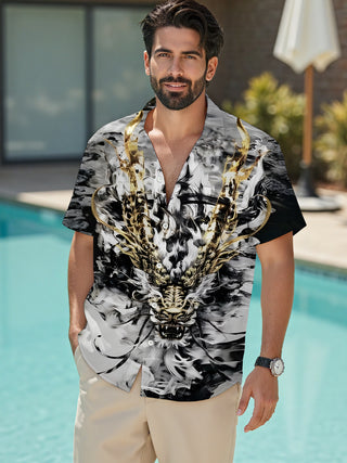 Men's dragon print short sleeve shirt front view