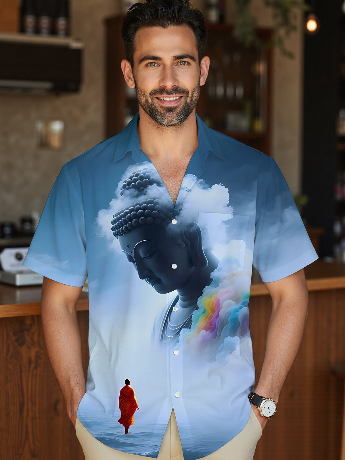 Sakyamuni Monk Men's Pocket Short Sleeve Shirts