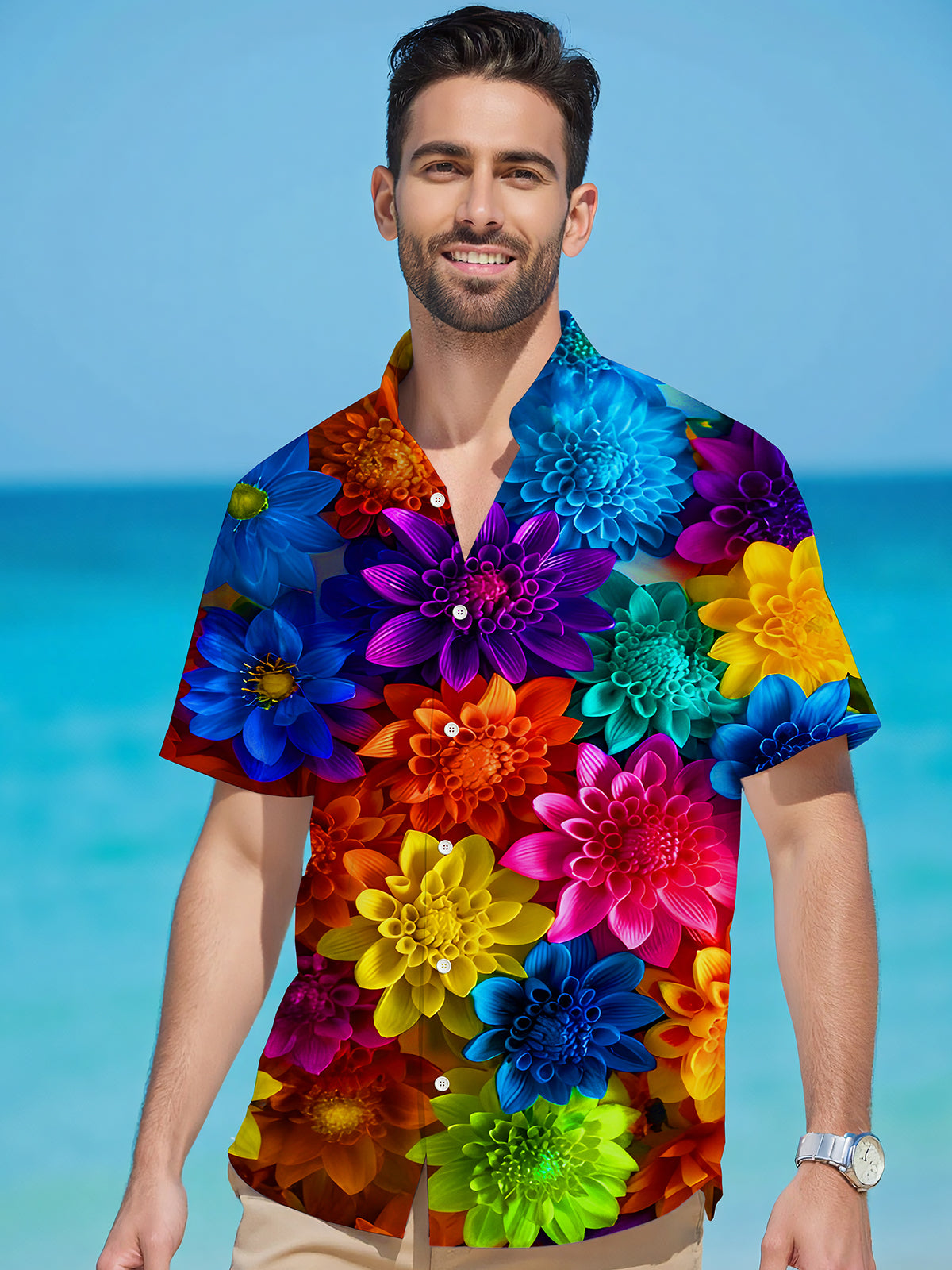 Hawaiian Colorful Floral Men's Pocket Short Sleeve Shirts