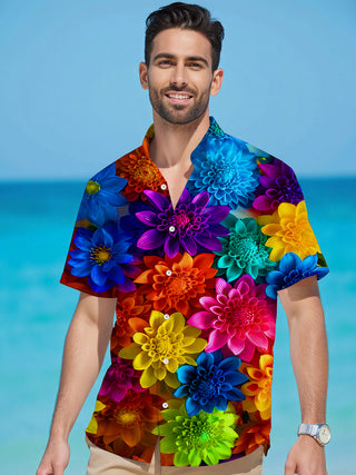 Men's vibrant aloha flower print pocket short sleeve shirt side view