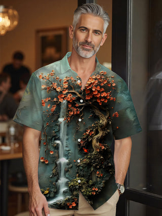 Men's vintage style floral short sleeve shirt, side view with retro flower print