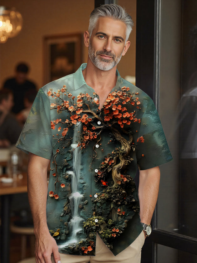 Men's vintage style floral short sleeve shirt, side view with retro flower print