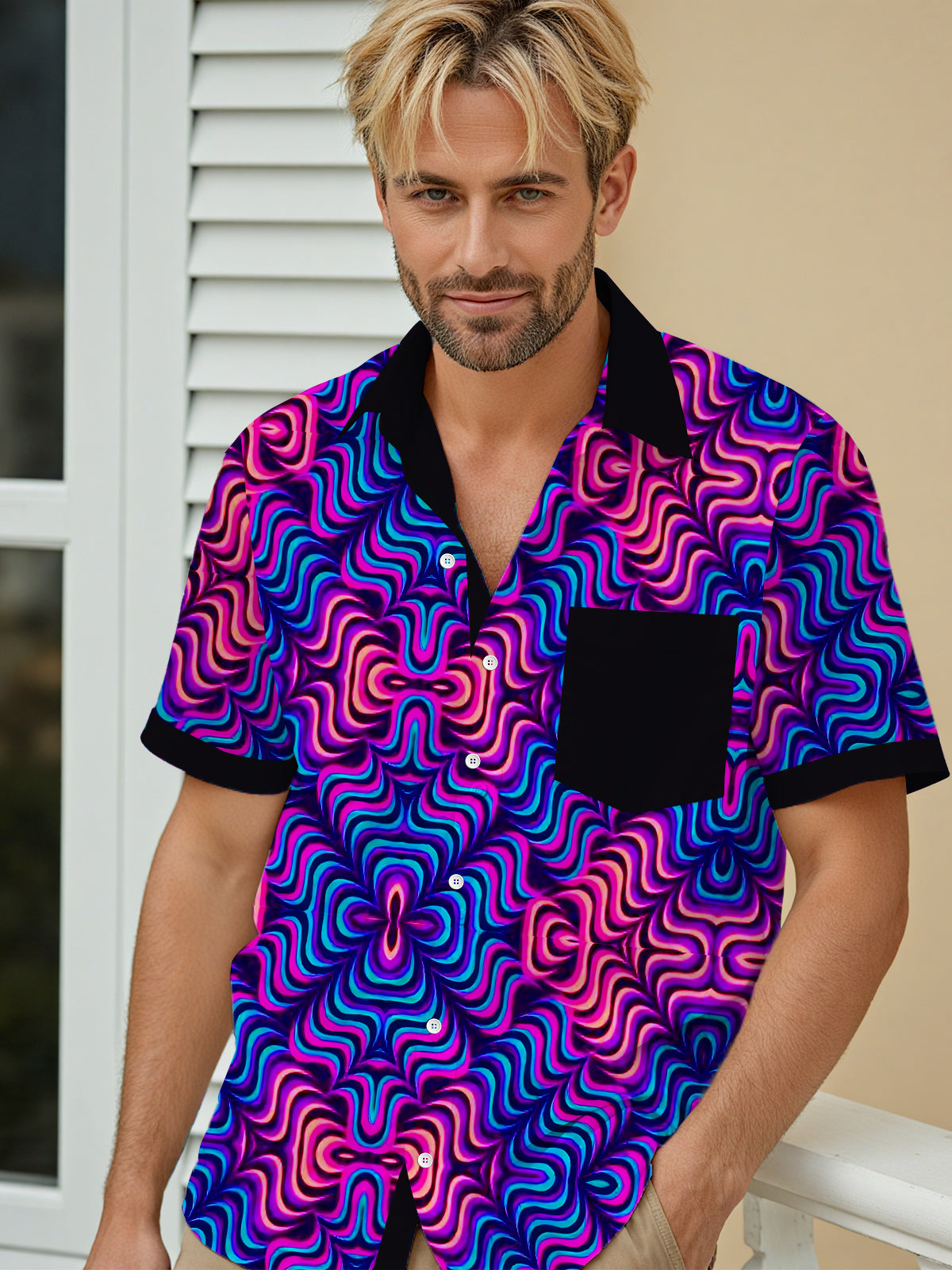 Hawaiian Abstract Geometry Men's Pocket Short Sleeve Shirts