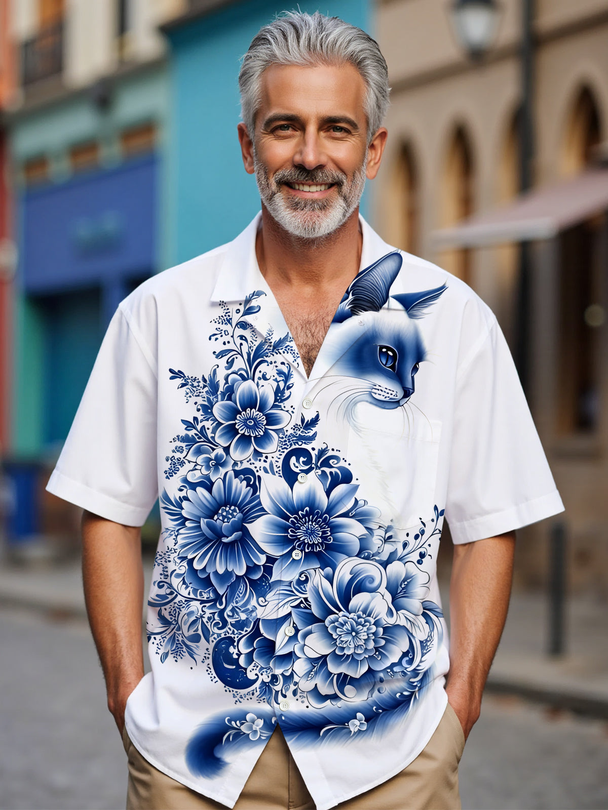 Cat Floral Men's Pocket Short Sleeve Shirts