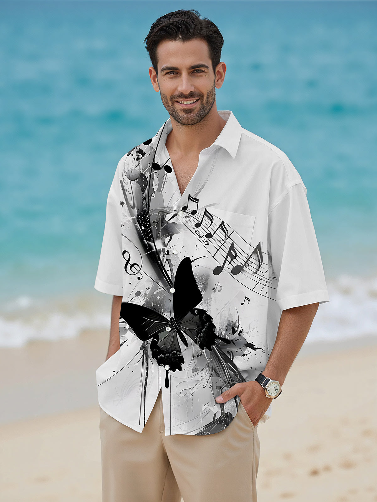 Musical Note Butterfly Men's Pocket Short Sleeve Shirts