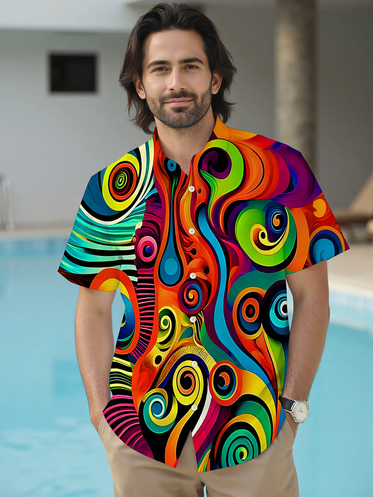 Colorful Swirl Abstract Geometry Men's Pocket Short Sleeve Shirts