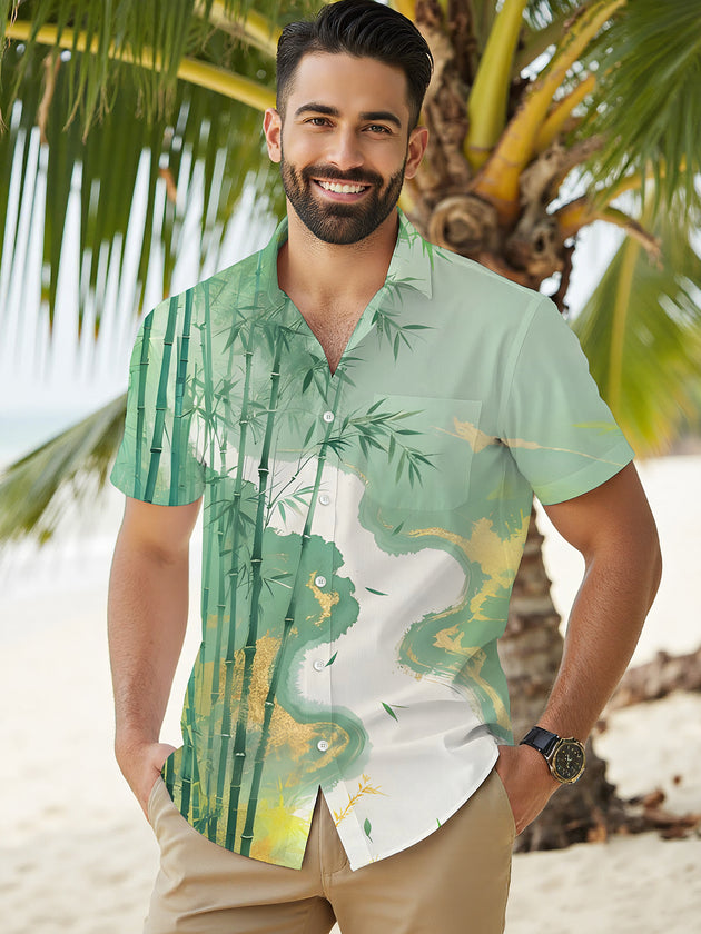 Men's bamboo forest print short sleeve shirt front view