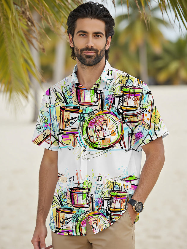 men's guitar print shirt side view