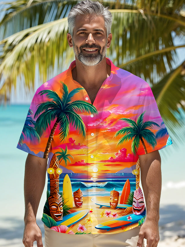 Men's blue Hawaiian coconut tree tiki short sleeve shirt front view for tropical beach vacation