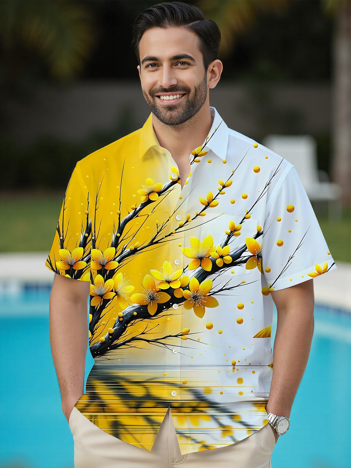 Floral Print Men's Pocket Short Sleeve Shirts