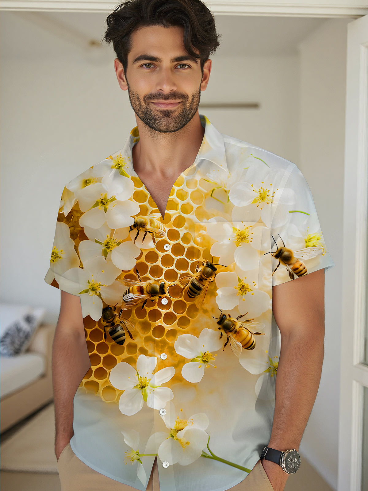 Bee Floral Men's Pocket Short Sleeve Shirts