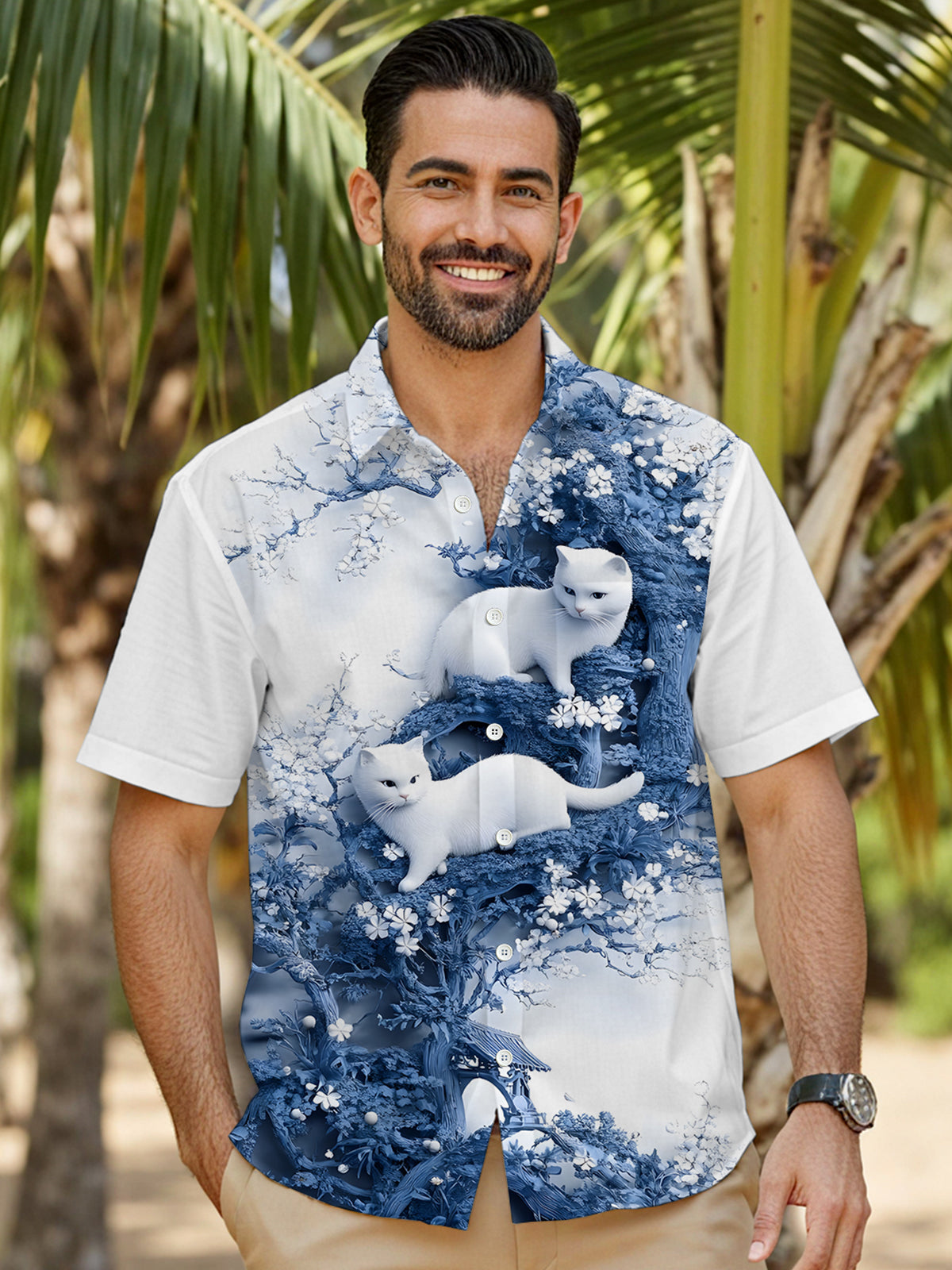 Cat Floral Prints Men's Pocket Short Sleeve Shirts