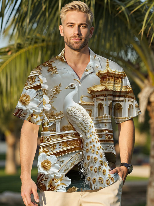 men's peacock print shirt front view