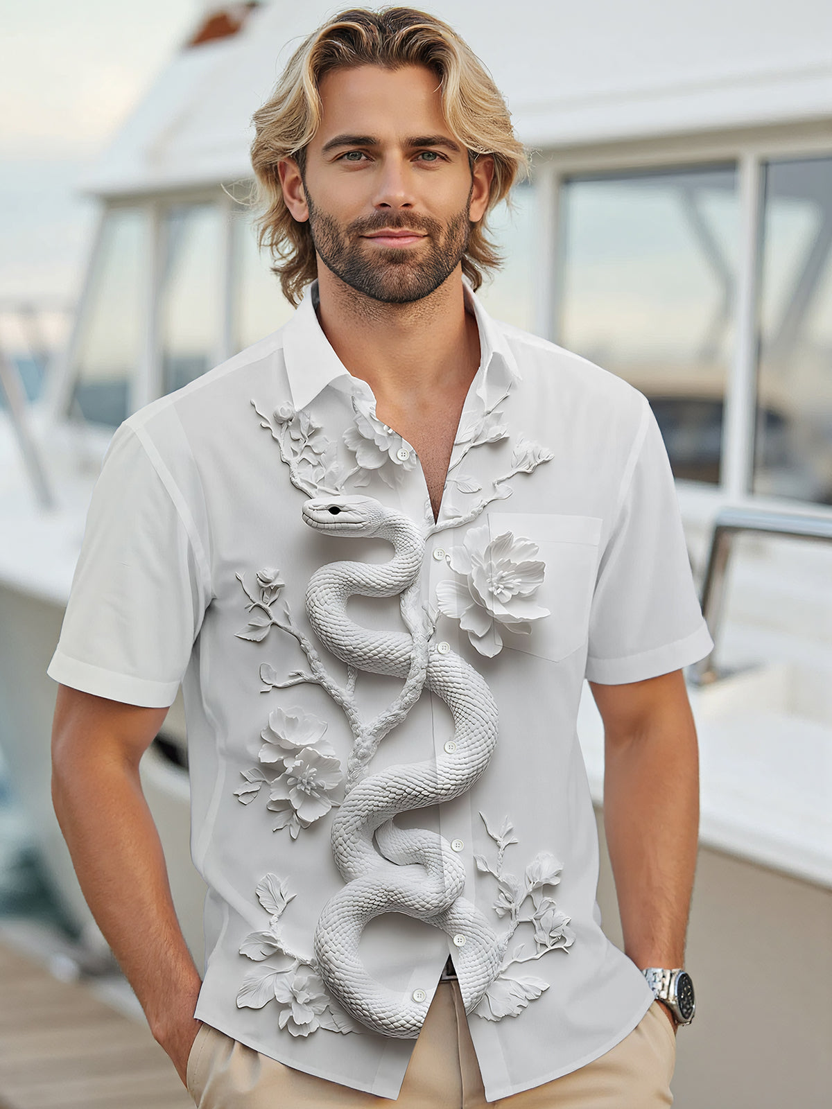 Snake Floral Print Men's Pocket Short Sleeve Shirts