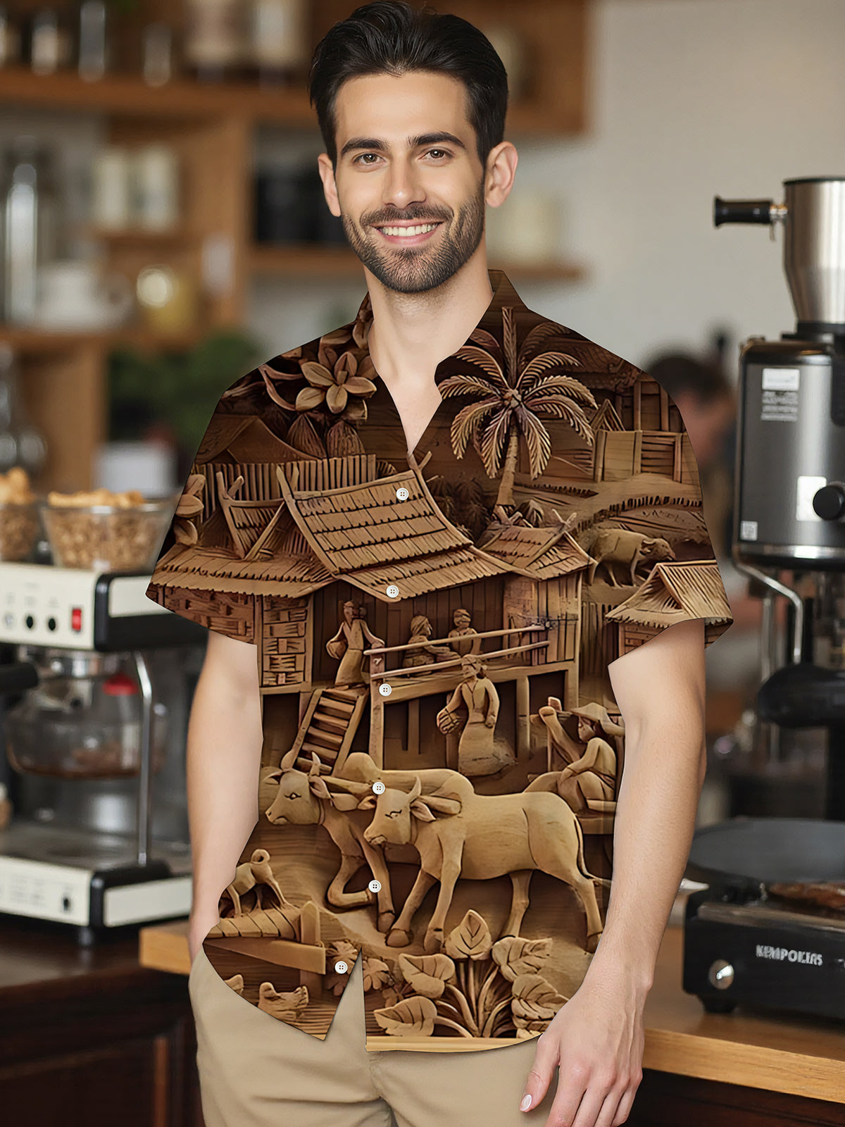 Woodcarving Art Print Men's Pocket Short Sleeve Shirts