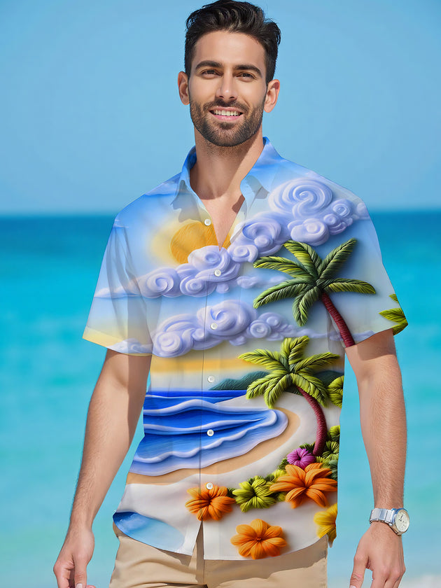 Side view of men's aloha floral print short sleeve shirt with palm trees