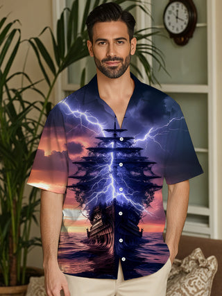 Men's vintage Hawaiian short sleeve shirt front view for tropical beach vacation